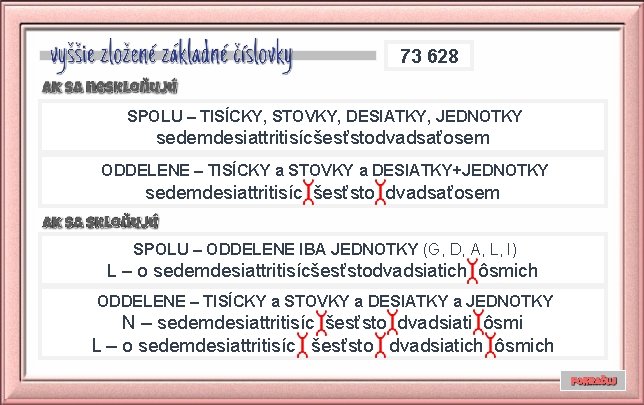 73 628 SPOLU – TISÍCKY, STOVKY, DESIATKY, JEDNOTKY sedemdesiattritisícšesťstodvadsaťosem ODDELENE – TISÍCKY a STOVKY