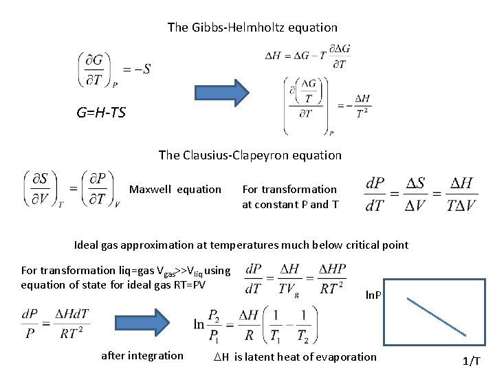 The Gibbs-Helmholtz equation G=H-TS The Clausius-Clapeyron equation Maxwell equation For transformation at constant P The Gibbs-Helmholtz equation G=H-TS The Clausius-Clapeyron equation Maxwell equation For transformation at constant P