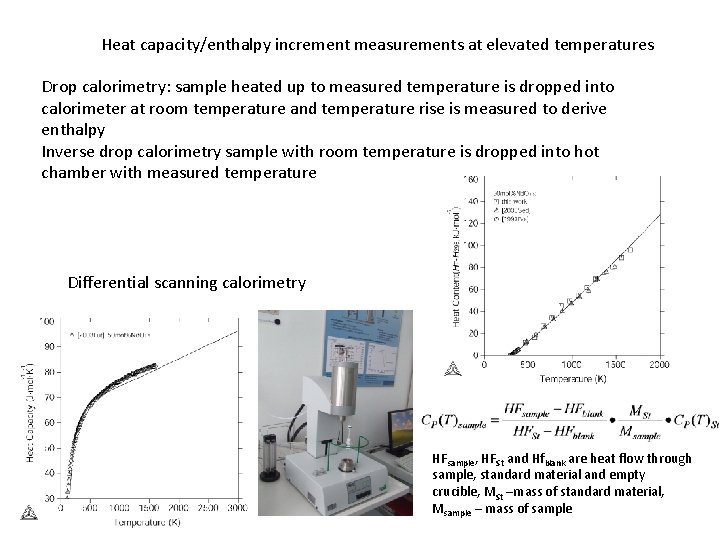 Heat capacity/enthalpy increment measurements at elevated temperatures Drop calorimetry: sample heated up to measured Heat capacity/enthalpy increment measurements at elevated temperatures Drop calorimetry: sample heated up to measured