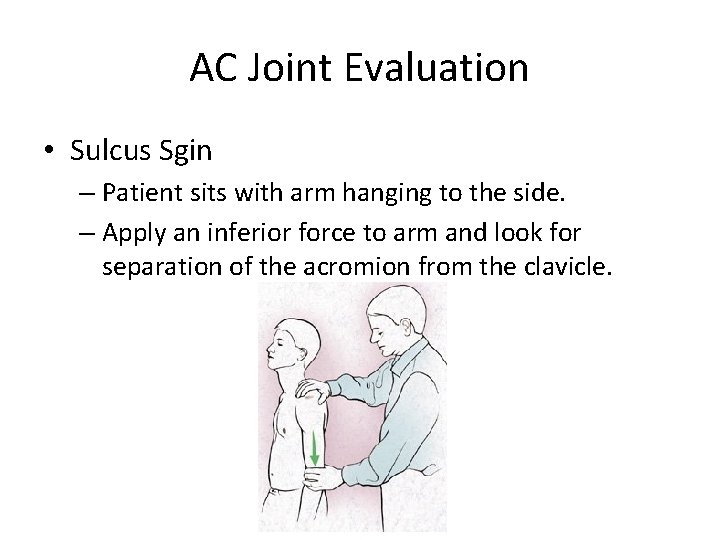 AC Joint Evaluation • Sulcus Sgin – Patient sits with arm hanging to the
