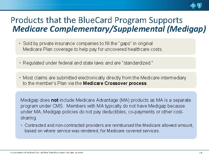 Products that the Blue. Card Program Supports Medicare Complementary/Supplemental (Medigap) • Sold by private
