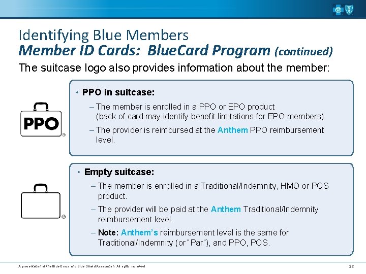 Identifying Blue Members Member ID Cards: Blue. Card Program (continued) The suitcase logo also