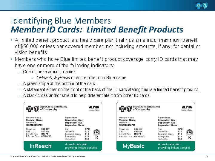 Identifying Blue Members Member ID Cards: Limited Benefit Products • A limited benefit product