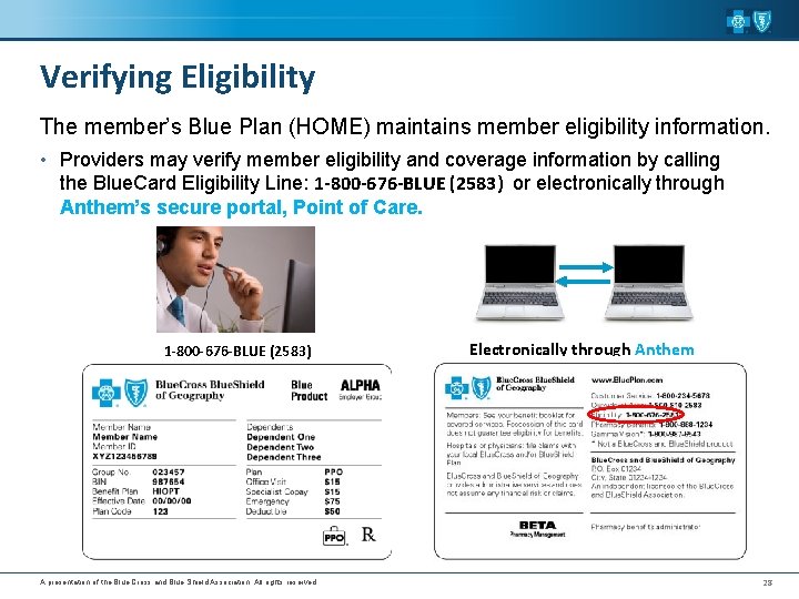 Verifying Eligibility The member’s Blue Plan (HOME) maintains member eligibility information. • Providers may