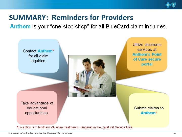 SUMMARY: Reminders for Providers Anthem is your “one-stop shop” for all Blue. Card claim