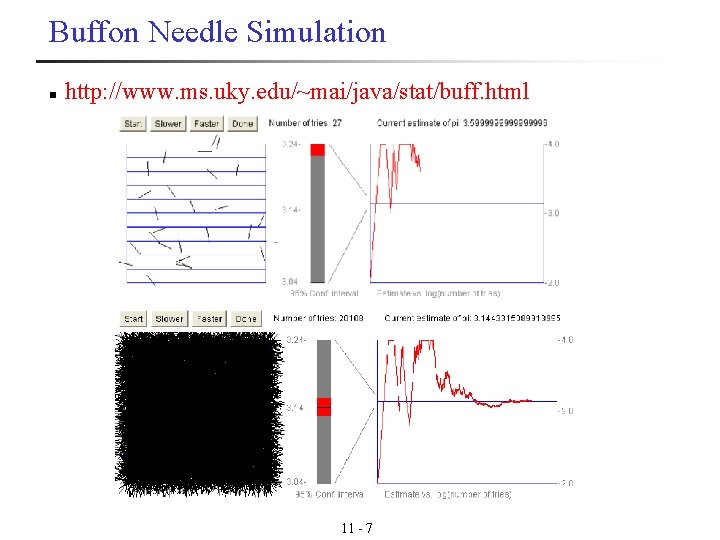 Buffon Needle Simulation n http: //www. ms. uky. edu/~mai/java/stat/buff. html 11 - 7 