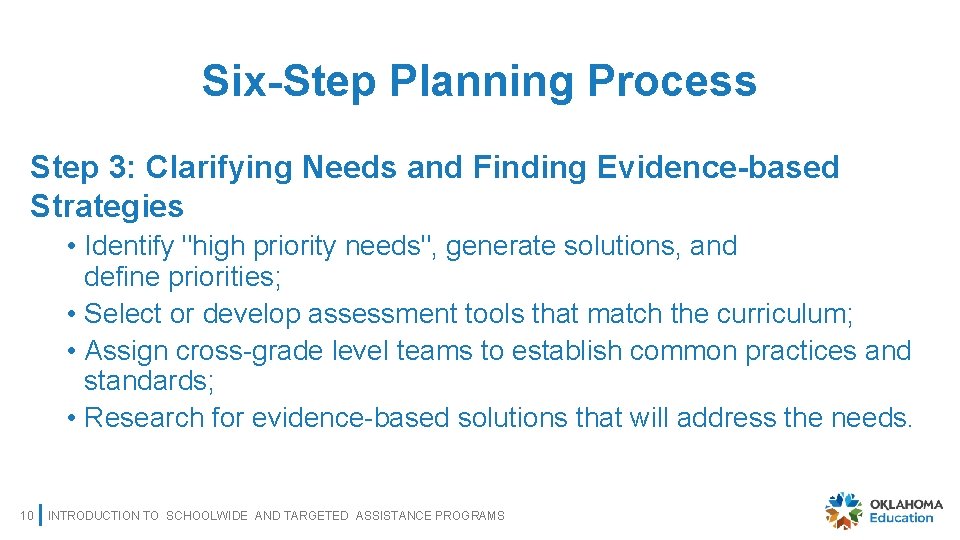 Six-Step Planning Process Step 3: Clarifying Needs and Finding Evidence-based Strategies • Identify "high