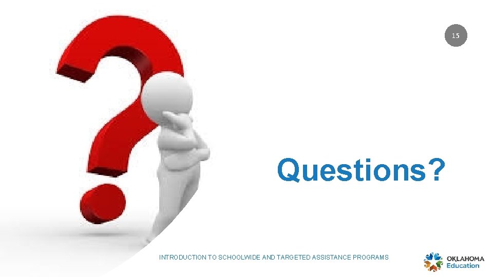 15 Questions? INTRODUCTION TO SCHOOLWIDE AND TARGETED ASSISTANCE PROGRAMS 
