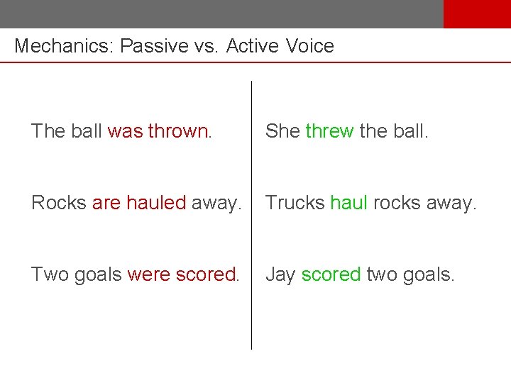 Mechanics: Passive vs. Active Voice The ball was thrown. She threw the ball. Rocks
