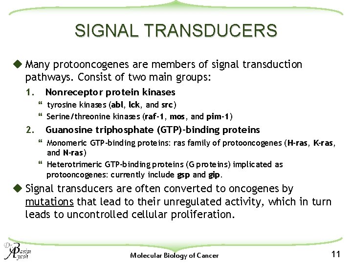 SIGNAL TRANSDUCERS u Many protooncogenes are members of signal transduction pathways. Consist of two