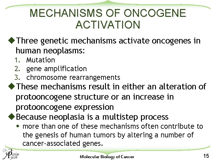 MECHANISMS OF ONCOGENE ACTIVATION u. Three genetic mechanisms activate oncogenes in human neoplasms: 1.