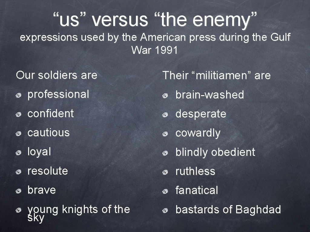 “us” versus “the enemy” expressions used by the American press during the Gulf War