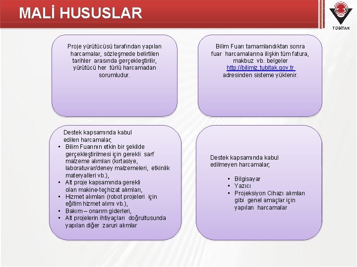 MALİ HUSUSLAR TÜBİTAK Proje yürütücüsü tarafından yapılan harcamalar, sözleşmede belirtilen tarihler arasında gerçekleştirilir, yürütücü