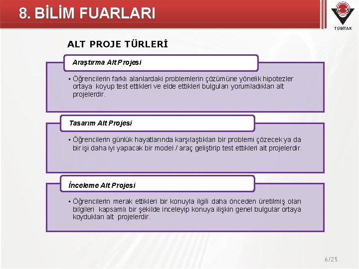 8. BİLİM FUARLARI TÜBİTAK ALT PROJE TÜRLERİ Araştırma Alt Projesi • Öğrencilerin farklı alanlardaki