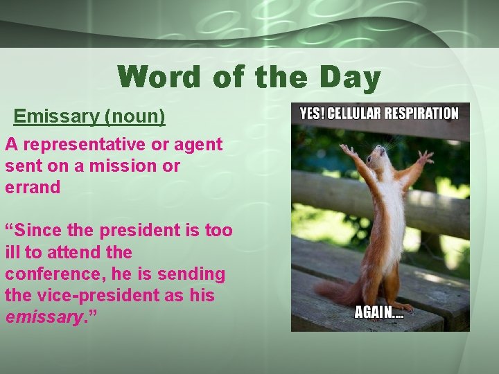 Word of the Day Emissary (noun) A representative or agent sent on a mission