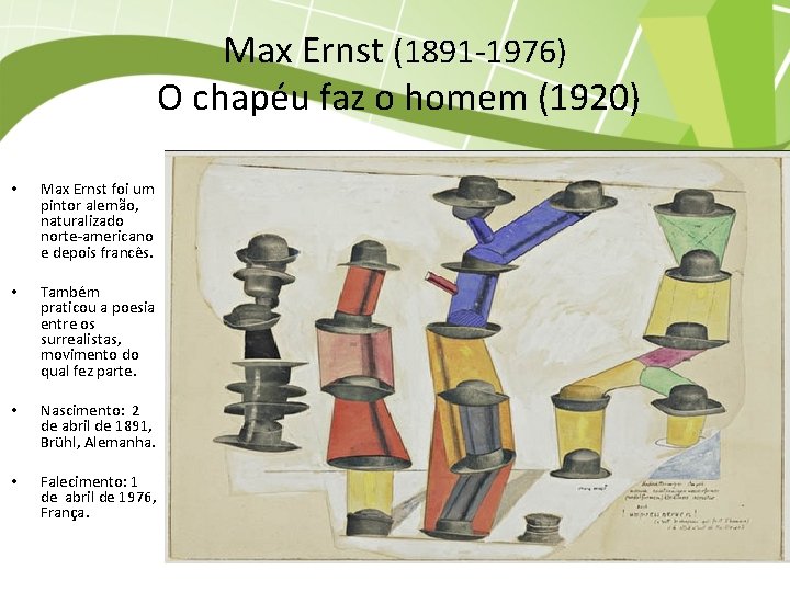 Max Ernst (1891 -1976) O chapéu faz o homem (1920) • Max Ernst foi