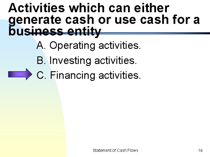 Activities which can either generate cash or use cash for a business entity A.