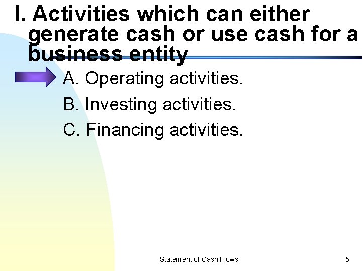 I. Activities which can either generate cash or use cash for a business entity