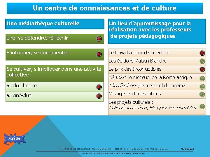 Un centre de connaissances et de culture Lire, se détendre, réfléchir Un lieu d’apprentissage