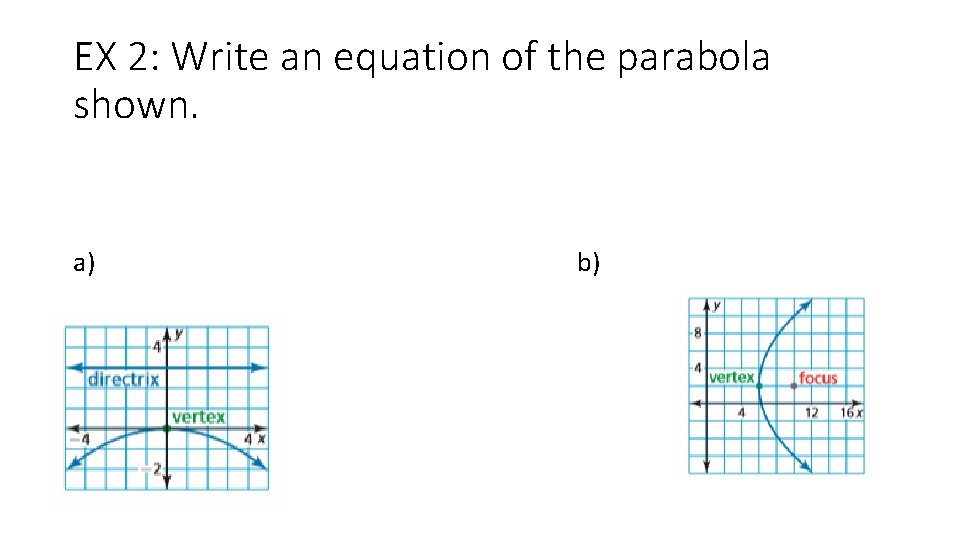EX 2: Write an equation of the parabola shown. a) b) 