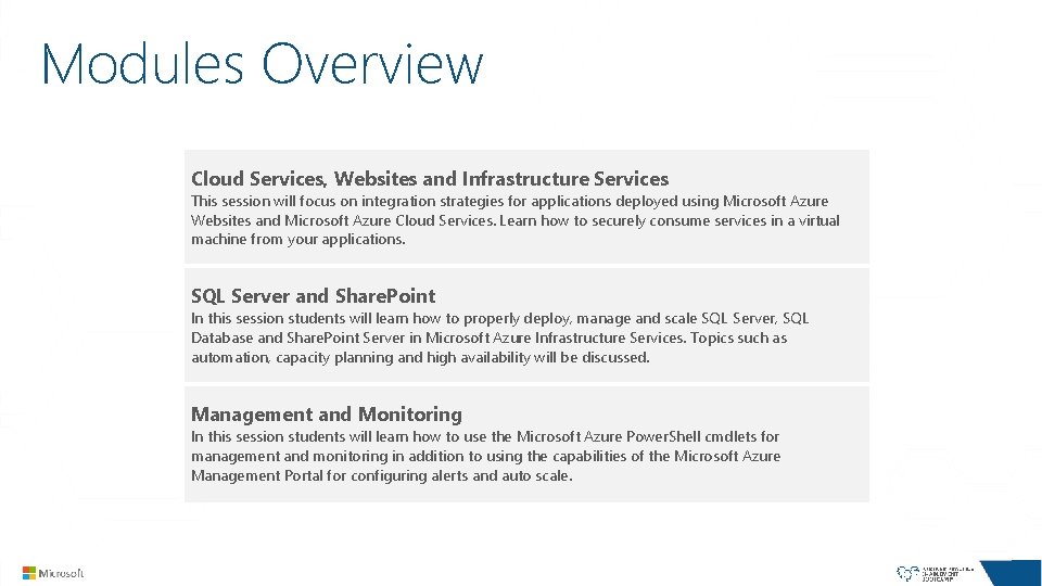 Modules Overview Cloud Services, Websites and Infrastructure Services This session will focus on integration