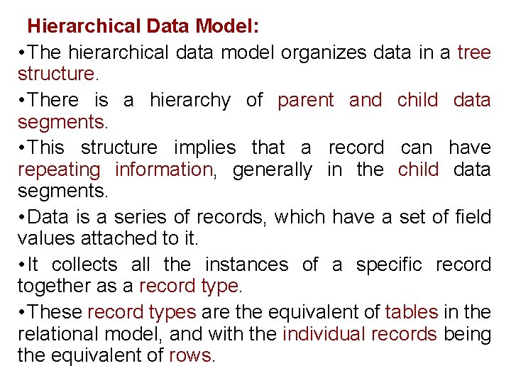 Hierarchical Data Model: • The hierarchical data model organizes data in a tree structure. Hierarchical Data Model: • The hierarchical data model organizes data in a tree structure.