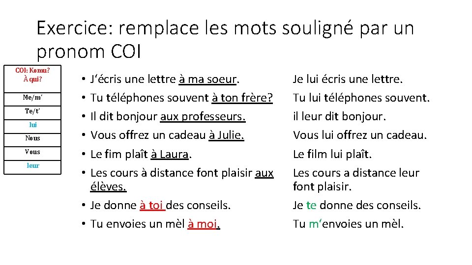 Exercice: remplace les mots souligné par un pronom COI: Komu? À qui? Me/m' Te/t'