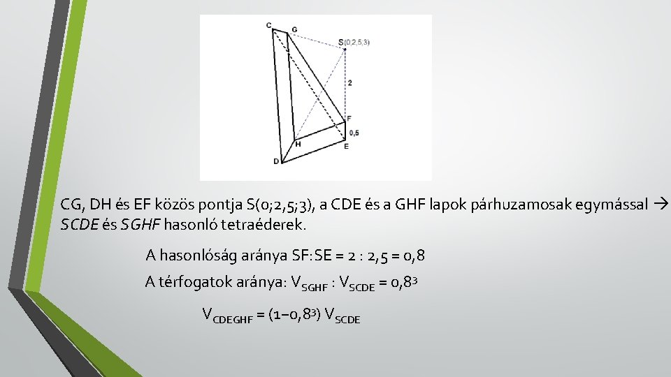 CG, DH és EF közös pontja S(0; 2, 5; 3), a CDE és a