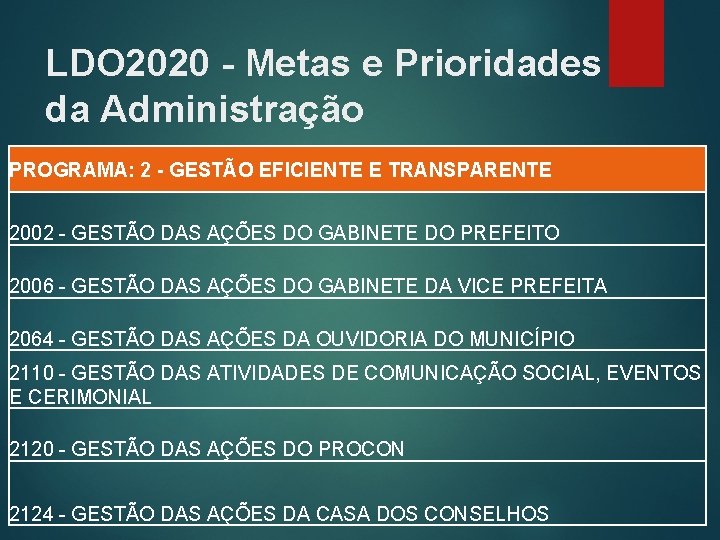 LDO 2020 - Metas e Prioridades da Administração PROGRAMA: 2 - GESTÃO EFICIENTE E