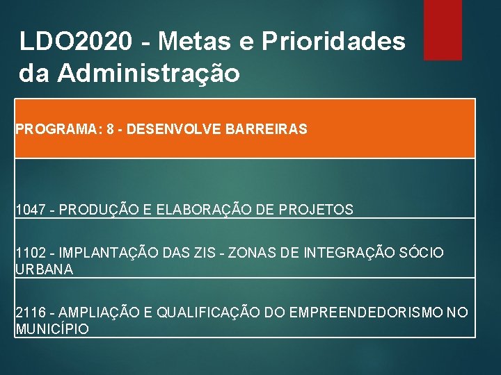 LDO 2020 - Metas e Prioridades da Administração PROGRAMA: 8 - DESENVOLVE BARREIRAS 1047