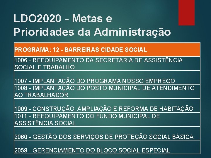 LDO 2020 - Metas e Prioridades da Administração PROGRAMA: 12 - BARREIRAS CIDADE SOCIAL