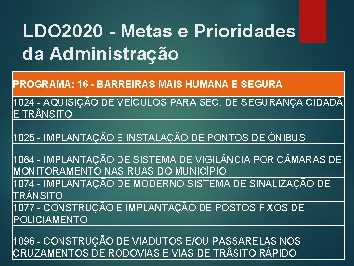 LDO 2020 - Metas e Prioridades da Administração PROGRAMA: 16 - BARREIRAS MAIS HUMANA