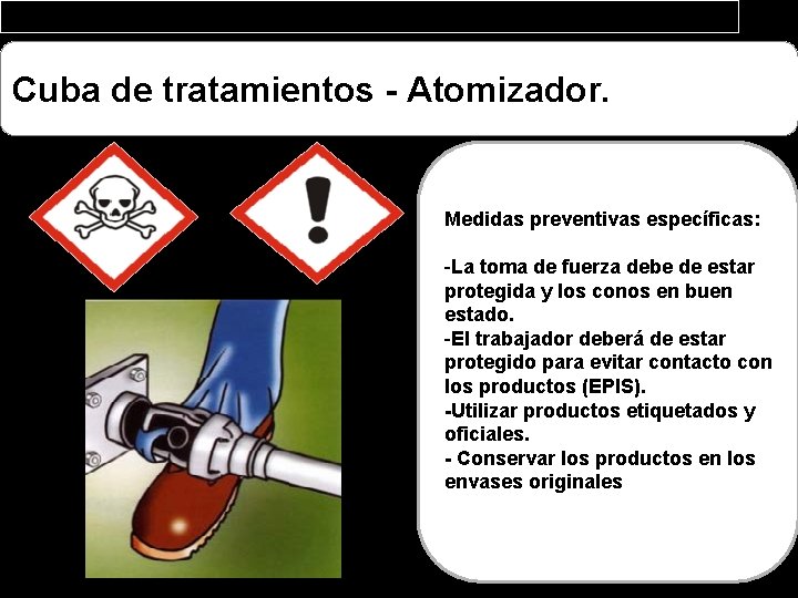 Cuba de tratamientos - Atomizador. Medidas preventivas específicas: -La toma de fuerza debe de