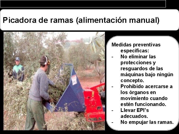 Picadora de ramas (alimentación manual) Medidas preventivas específicas: - No eliminar las protecciones y