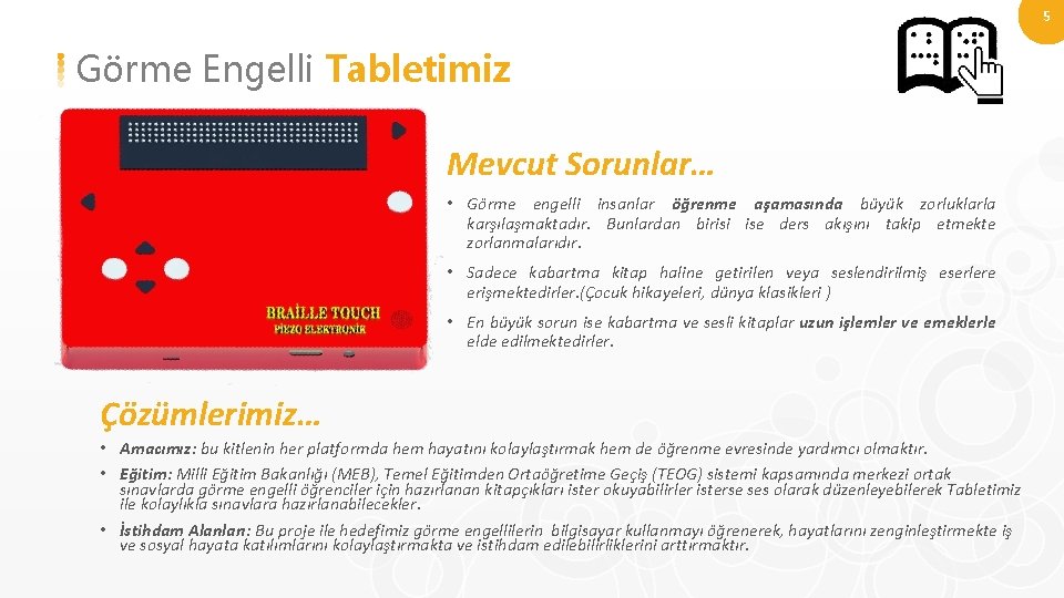 5 Görme Engelli Tabletimiz Mevcut Sorunlar… • Görme engelli insanlar öğrenme aşamasında büyük zorluklarla