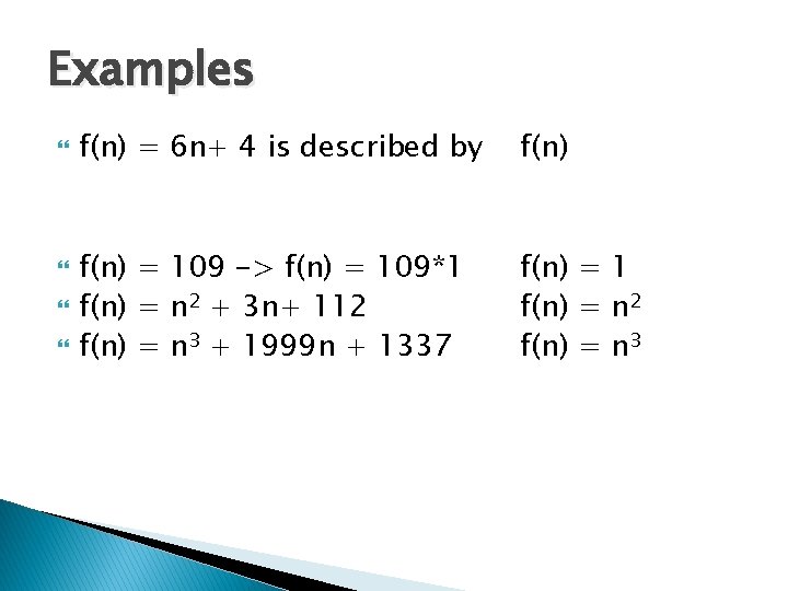 Examples f(n) = 6 n+ 4 is described by f(n) = 109 -> f(n) Examples f(n) = 6 n+ 4 is described by f(n) = 109 -> f(n)