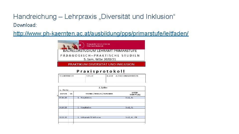 Handreichung – Lehrpraxis „Diversität und Inklusion“ Download: http: //www. ph-kaernten. ac. at/ausbildung/pps/primarstufe/leitfaden/ 