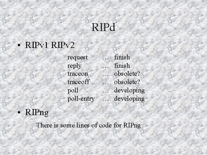 RIPd • RIPv 1 RIPv 2 request reply traceon traceoff poll-entry … … …