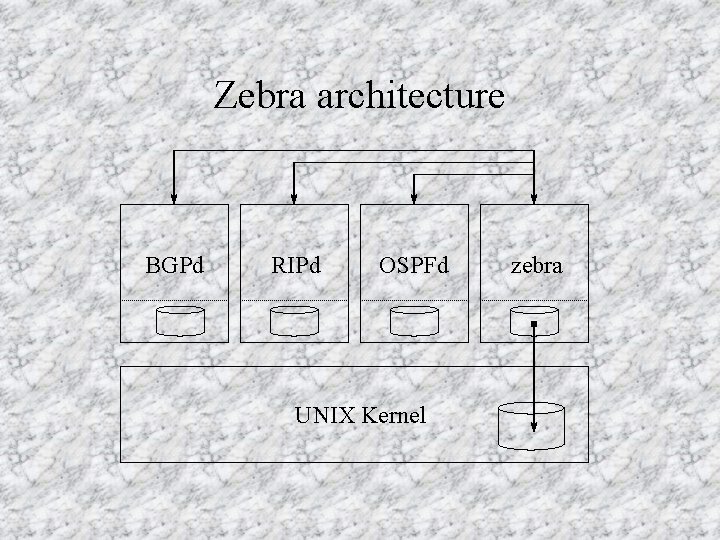 Zebra architecture BGPd RIPd OSPFd UNIX Kernel zebra 