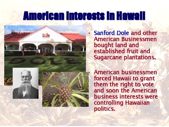 American Interests in Hawaii • Sanford Dole and other American Businessmen bought land established