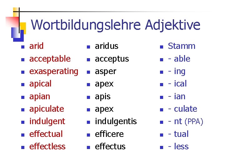 Wortbildungslehre Adjektive n n n n n arid acceptable exasperating apical apian apiculate indulgent