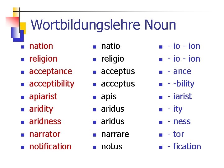 Wortbildungslehre Noun n nation religion acceptance acceptibility apiarist aridity aridness narrator notification n natio