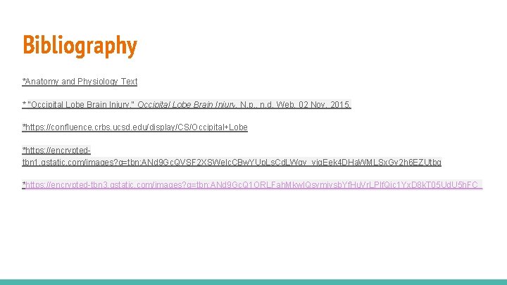 Bibliography *Anatomy and Physiology Text * "Occipital Lobe Brain Injury. " Occipital Lobe Brain