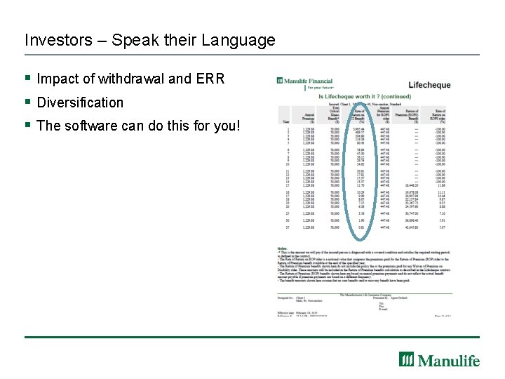 Investors – Speak their Language § Impact of withdrawal and ERR § Diversification §