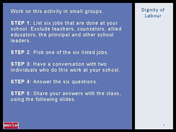 Work on this activity in small groups. Dignity of Labour STEP 1: List six