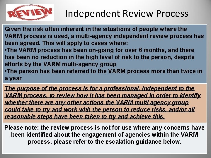 Independent Review Process Given the risk often inherent in the situations of people where