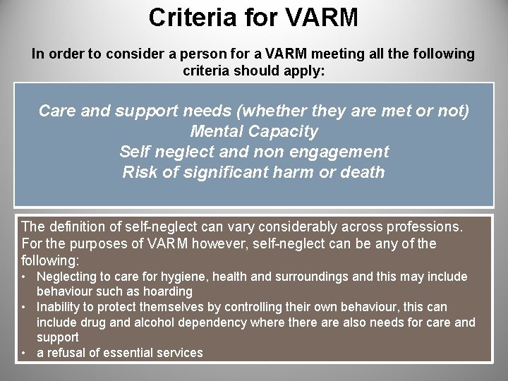 Criteria for VARM In order to consider a person for a VARM meeting all