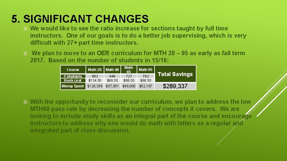 5. SIGNIFICANT CHANGES We would like to see the ratio increase for sections taught
