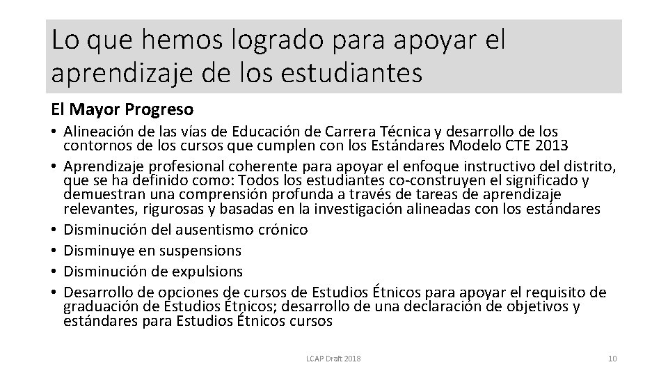 Lo que hemos logrado para apoyar el aprendizaje de los estudiantes El Mayor Progreso