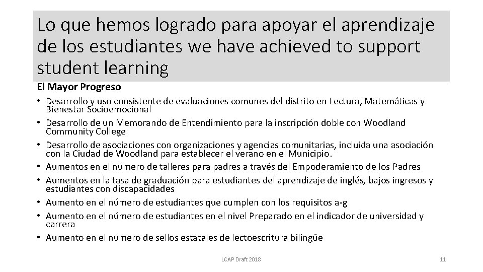 Lo que hemos logrado para apoyar el aprendizaje de los estudiantes we have achieved